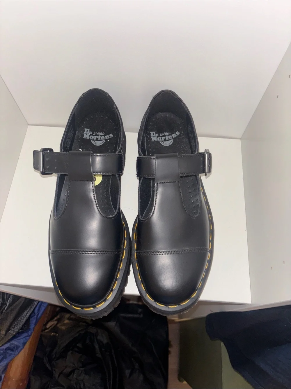 Dr. Martens Black Mary Jane Platform Shoes with Yellow Stitching